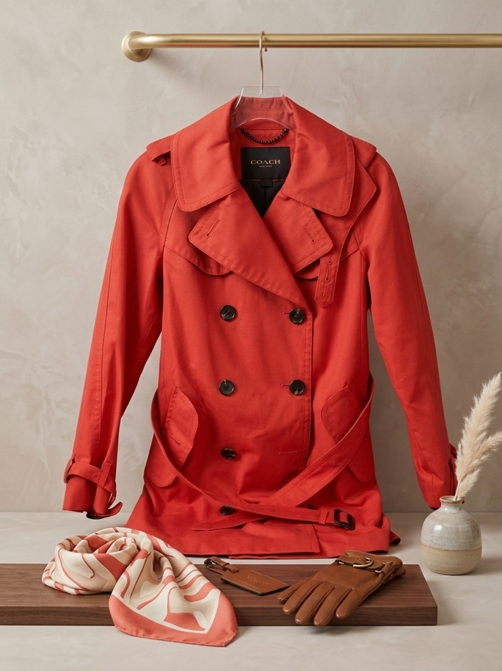 Coach Red Double-Breasted Trench with Belt   - Size 2
